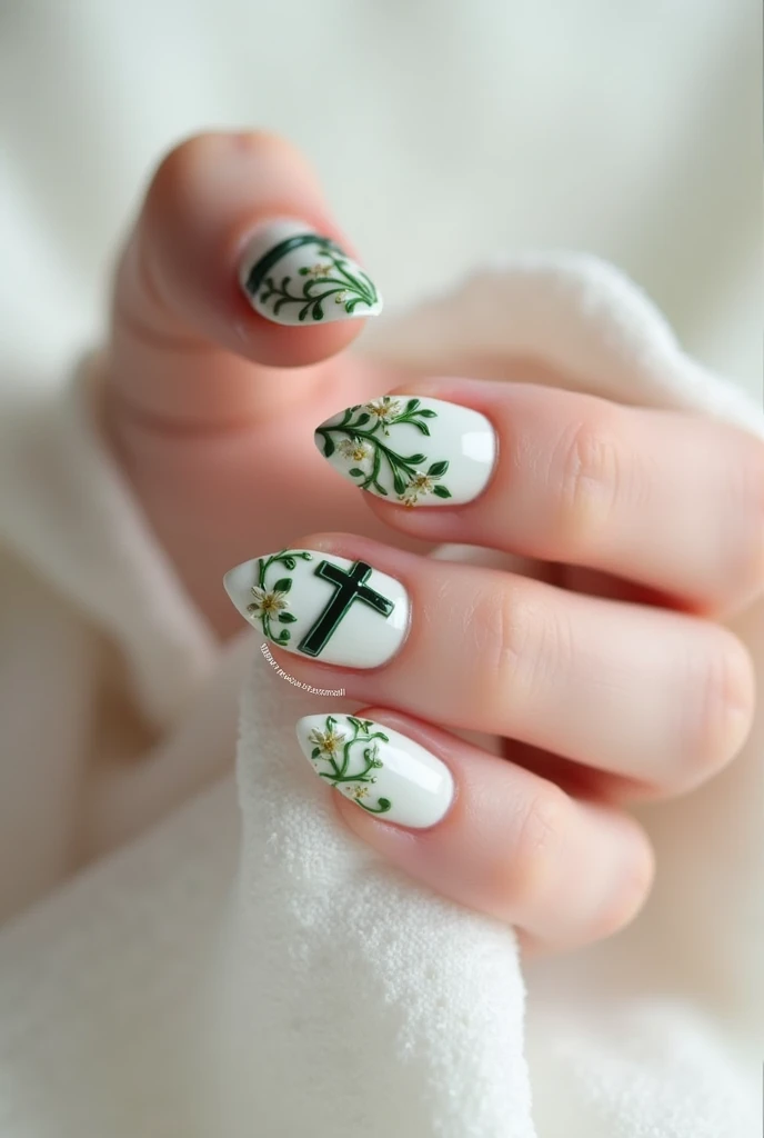 White Gel Nails. 1,5 cm. Green embellishments in the form of vines and flowers . Plant Christian cross also
