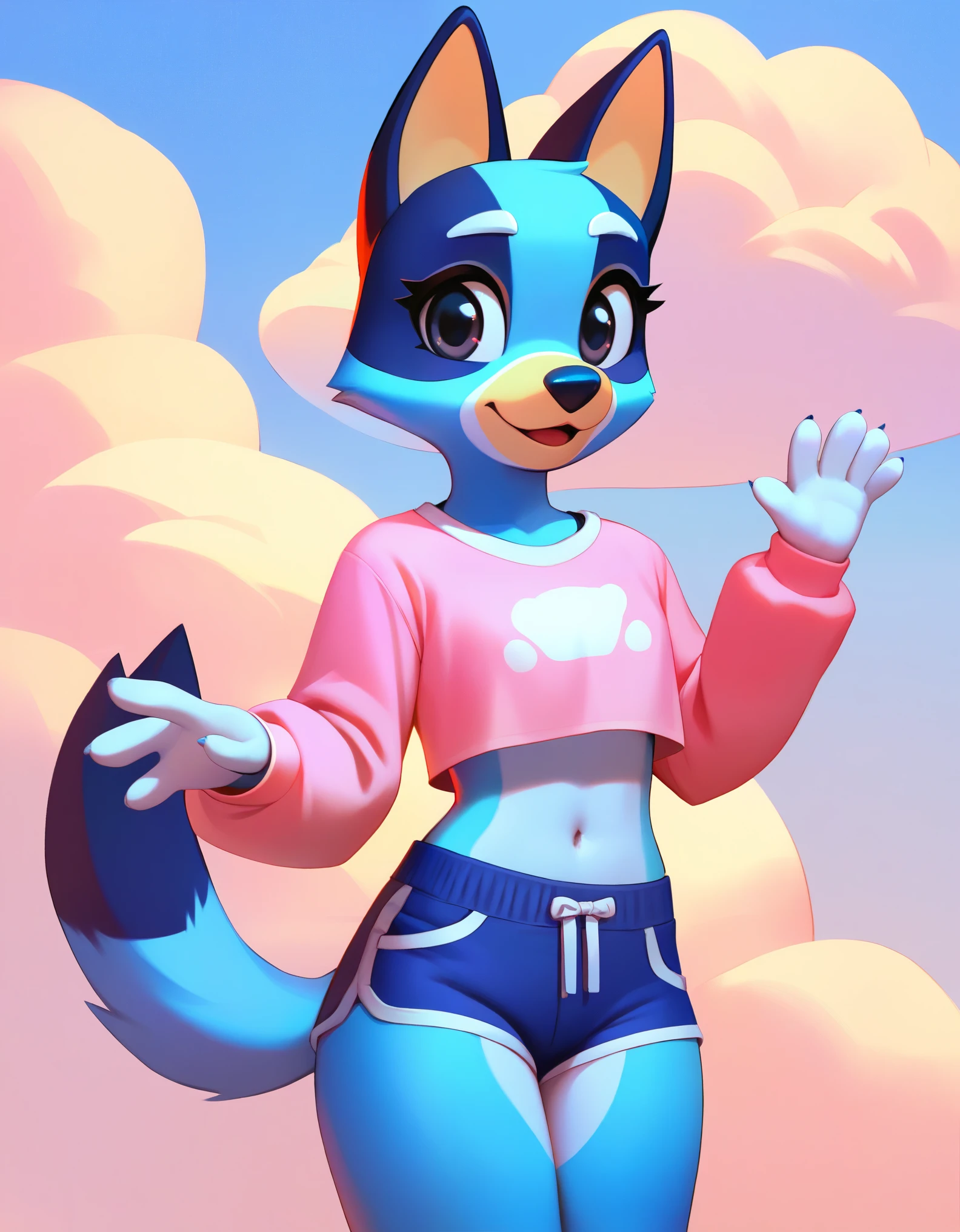 score_9, score_8_up, score_8, 1girl, source_cartoon, source_furry, blueyxl, bluey heeler, (boxchibi:0.2), 11 year old girl, cowboy shot, anthro, furry, tail, blue body, animal ears, flat shaded background, sky, day, cloud, blue sky, feminine, female, slender figure, slim body, detailed fur texture, cute outfit, blue shorts, pink shirt, long sleeve, 