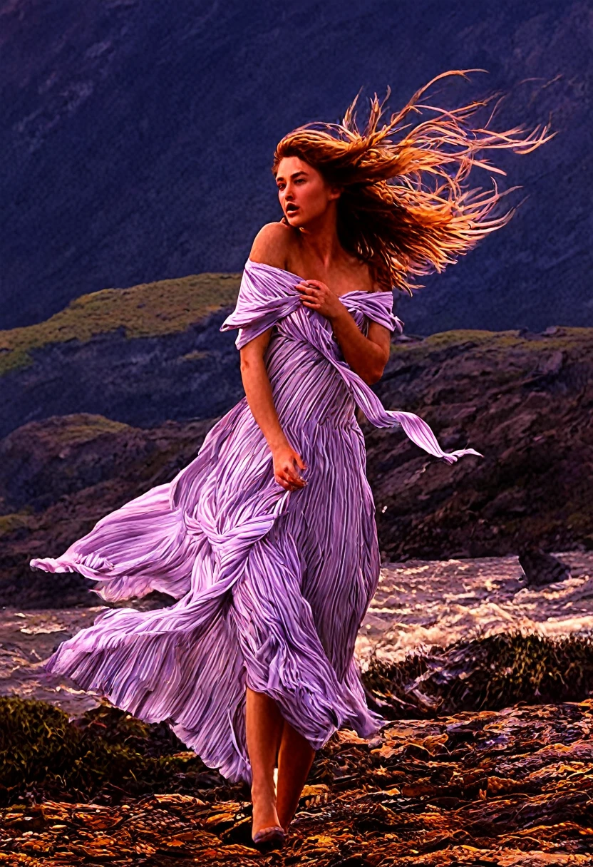 A wild and untamed beauty with hair flowing in the wind ., The action takes place against a backdrop of wild nature and harsh landscapes.. Executed in the style of Romanticism., its form is dynamic and expressive, with bold strokes and dramatic lighting, conveying the untamed power of nature..