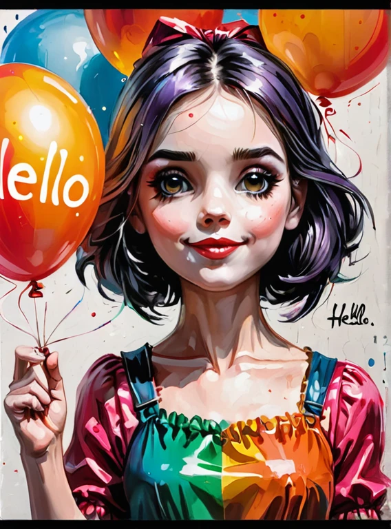 painted girl, holding a ballon, balloon says hello