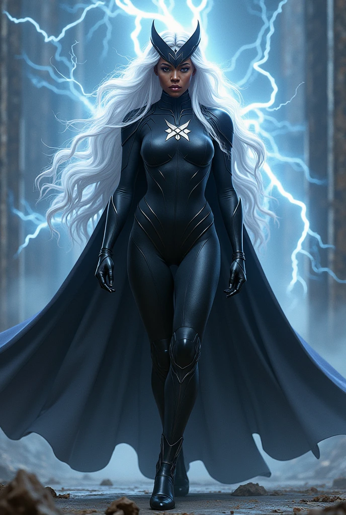 woman, long white hair, african american, black bodysuit, cape headpiece, boots, gloves, goddess, lightning, mutant, x emblem