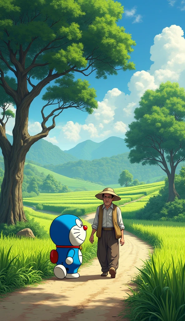 Doraemon and the 30-year-old farmer walk on the road, beside them are trees and rice fields in 3D with detailed lines.