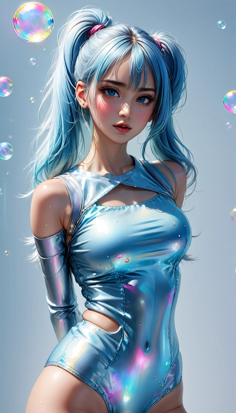 (masterpiece), (best quality), (ultra detailed),(disheveled hair),(illustration), (1girl), (Fashionable clothing), standing, Fashion model, looking at viewer, (interview), (simple background),beautiful detailed eyes, delicate beautiful face, Floating,(high saturation),(colorful splashes),colorful bubble,(shining), focus on face,  ponytail, kamisato ayaka, light blue hair, bangs, hair ring, floating flowers, floating hairs, (shining), best lighting, best shadow,