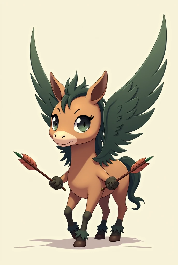A small Chibi baby humaniod creature.
Appearance: a centaur , half horse half man. With wings. Big anime eyes, holding a duel arrows in each hand . Wearing a hood
Style : cel shaded , 3d , anime, Full-body, t pose.
Colors: brown , forest green and black.
This is a digimon