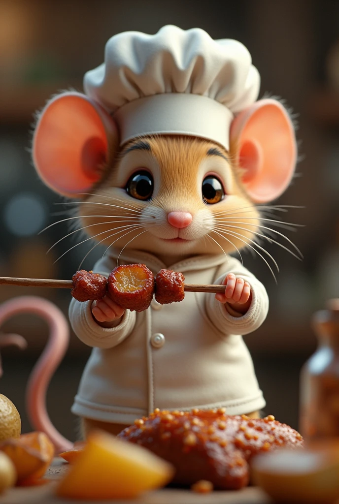 A little mouse wearing chef's clothes and his chef's hat, holding a skewer of cooked meat with potatoes in his hand.