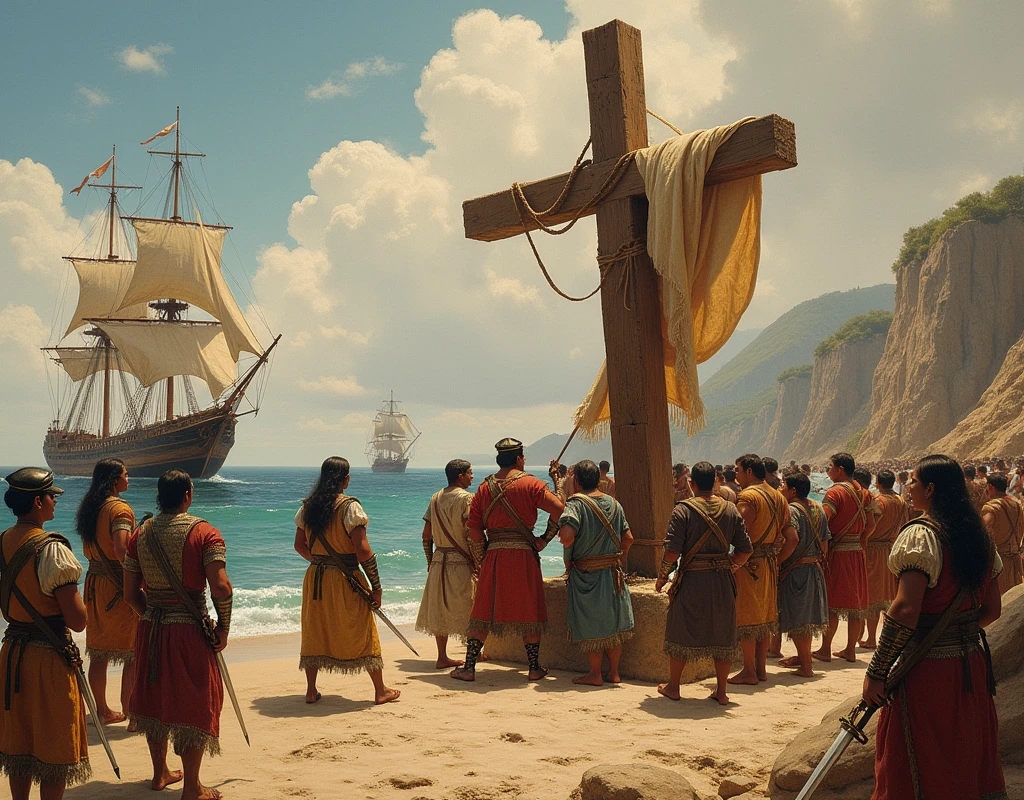 Create a detailed historical painting in the style of a classical oil on canvas depicting the arrival of Spanish conquistadors to a new land. The scene includes armored conquistadors, some holding banners and swords, while others assist in erecting a large wooden cross on the shore. The background features a fleet of ships with sails unfurled, anchored near the coast. Indigenous people, some observing and others interacting with the newcomers, are depicted on the left side of the scene. The atmosphere reflects a mix of tension and reverence, with a soft, warm color palette that evokes a sense of historical significance and cultural encounter. The style should convey the texture and depth typical of traditional historical paintings