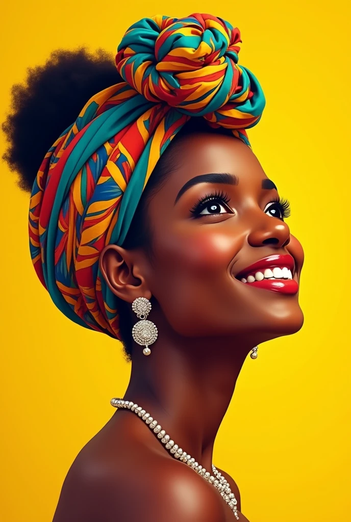 Beautiful Afro-Colombian woman with a Palenque turban, smiling in profile, looking upwards in vector style with a yellow background.