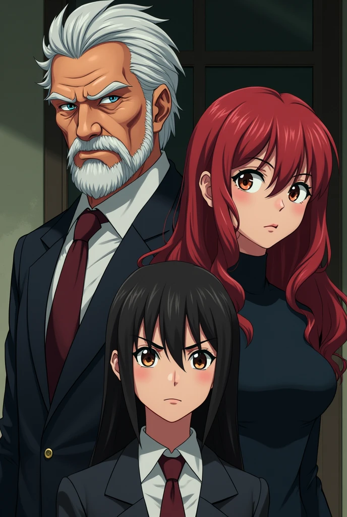 Anime style, mafia, family, mother, father, adult daughter, timid, black hair