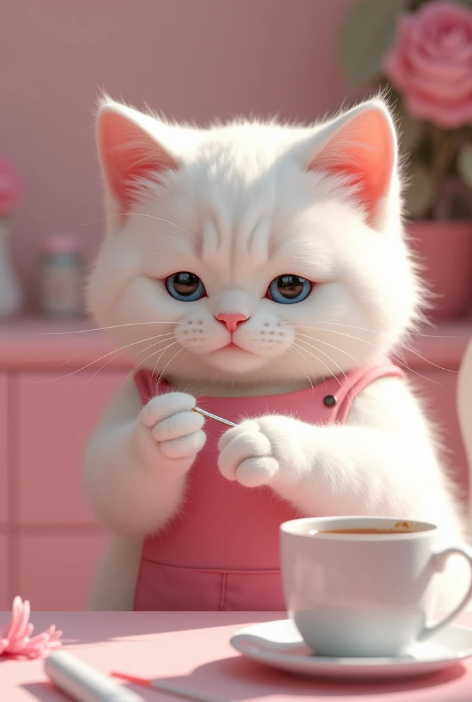a close-up of a white cat with a pink apron holding a nail file, doing nails in a pink nail studio, a cup of red coffee on the desk