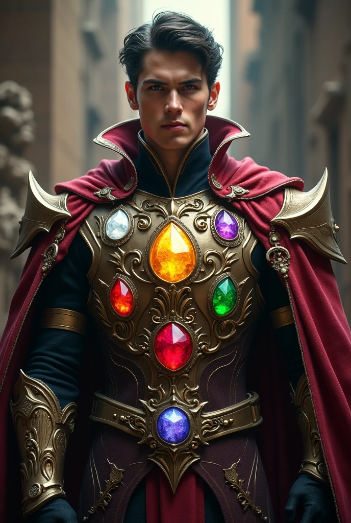 a hero with a vest and in that vest five jewels and in the middle of the vest a jewel Central colors of the jewels the first five jewels have colors white yellow red Lilac green and the Central jewel is a colored jewel with all the colors the name is supreme