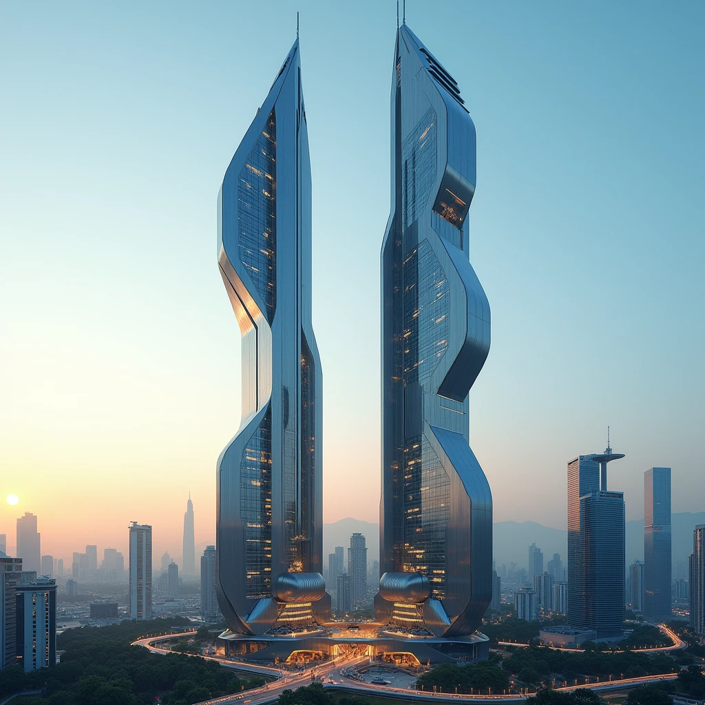 Deux tours futuristes asymétriques en acier brillant qui ne sortent pas de l'image au milieu d'une ville avec l'horizon et le soleil à gauche de l'image et le ciel bleu
