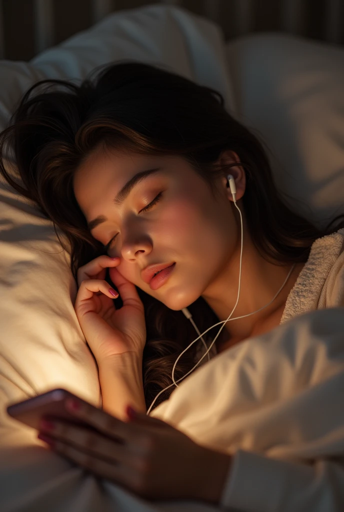 Beautiful girl sleeping while calling her boyfriend in mobile with earphones