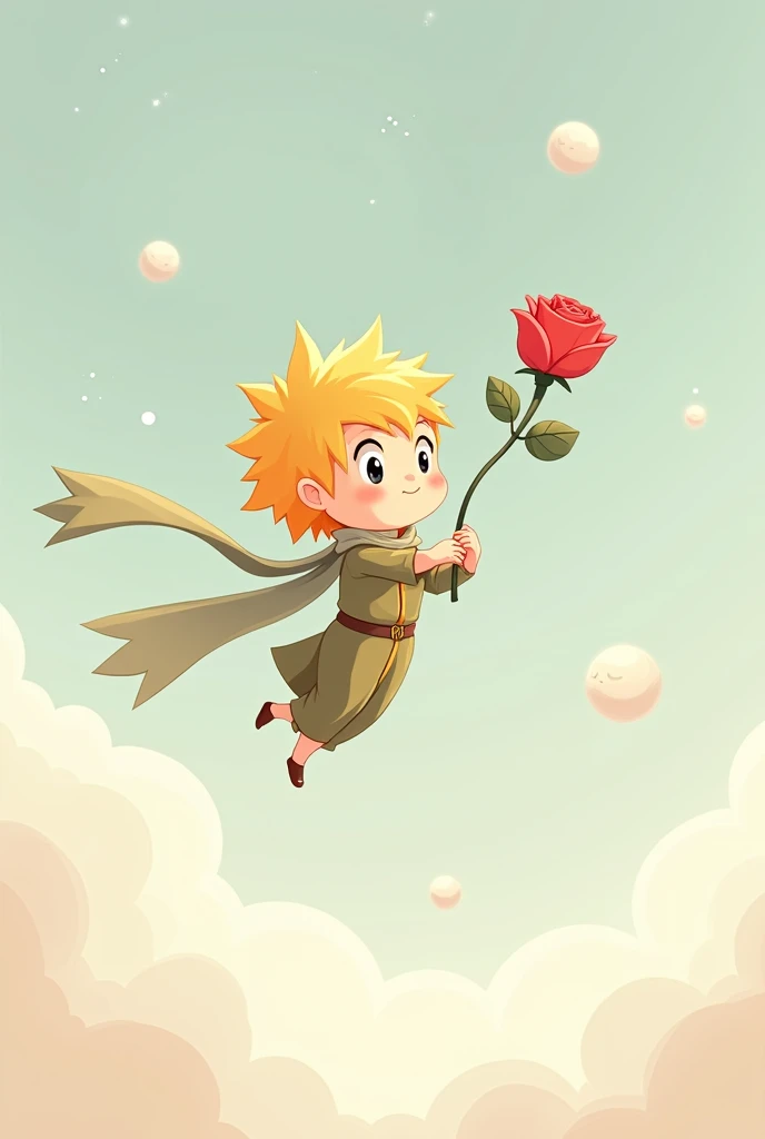 Give me a chibi version drawing of the little prince flying while looking at the rose