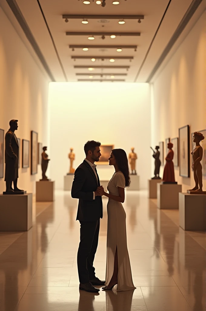 A man and a woman are conversing in an art gallery.