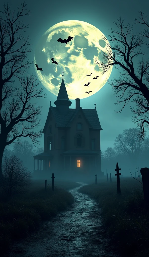 Spooky Halloween background: full moon illuminating a haunted house, bats flying overhead, dark twisted trees and a foggy graveyard, realistic textures and eerie lighting.