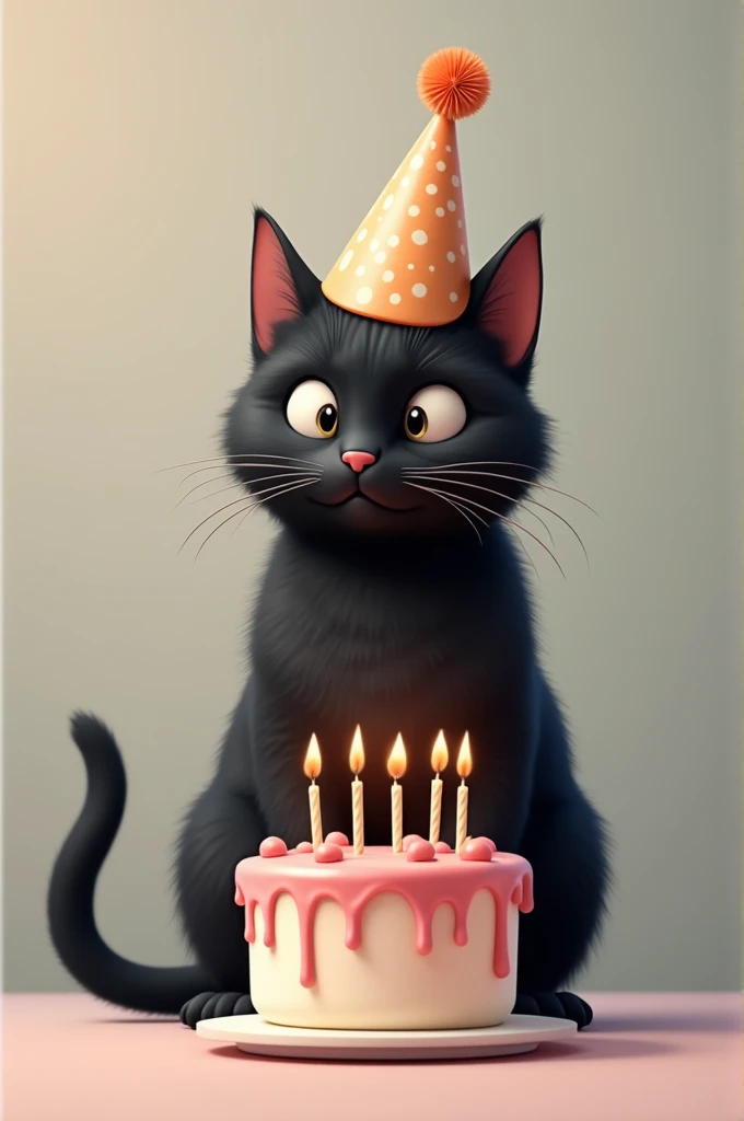 A completely black cat with a birthday hat, She is sitting in front of a birthday cake decorated in pink tones. The cake has candles with the number twenty-five.