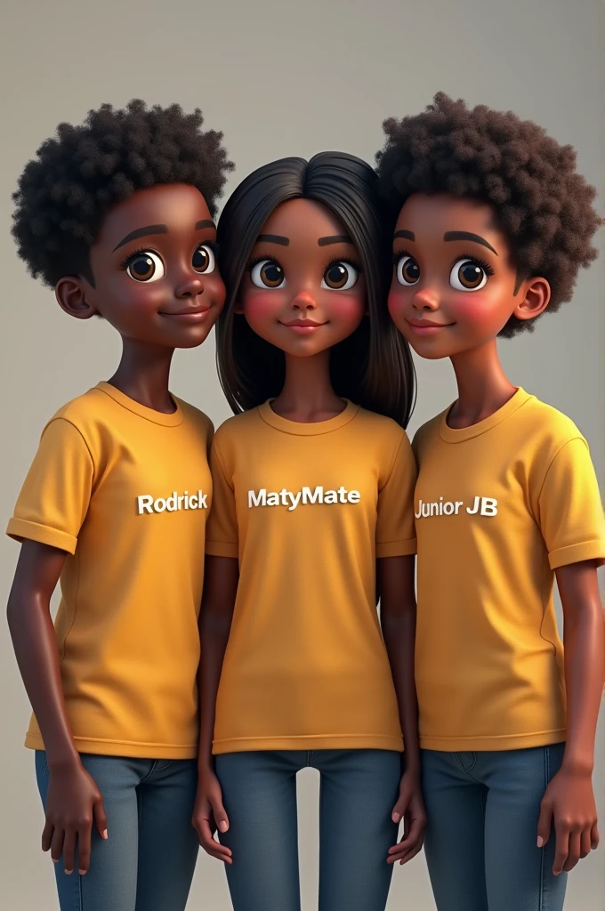 Three black students wearing t-shirt written Rodrick, MatyMaty and Junior JB