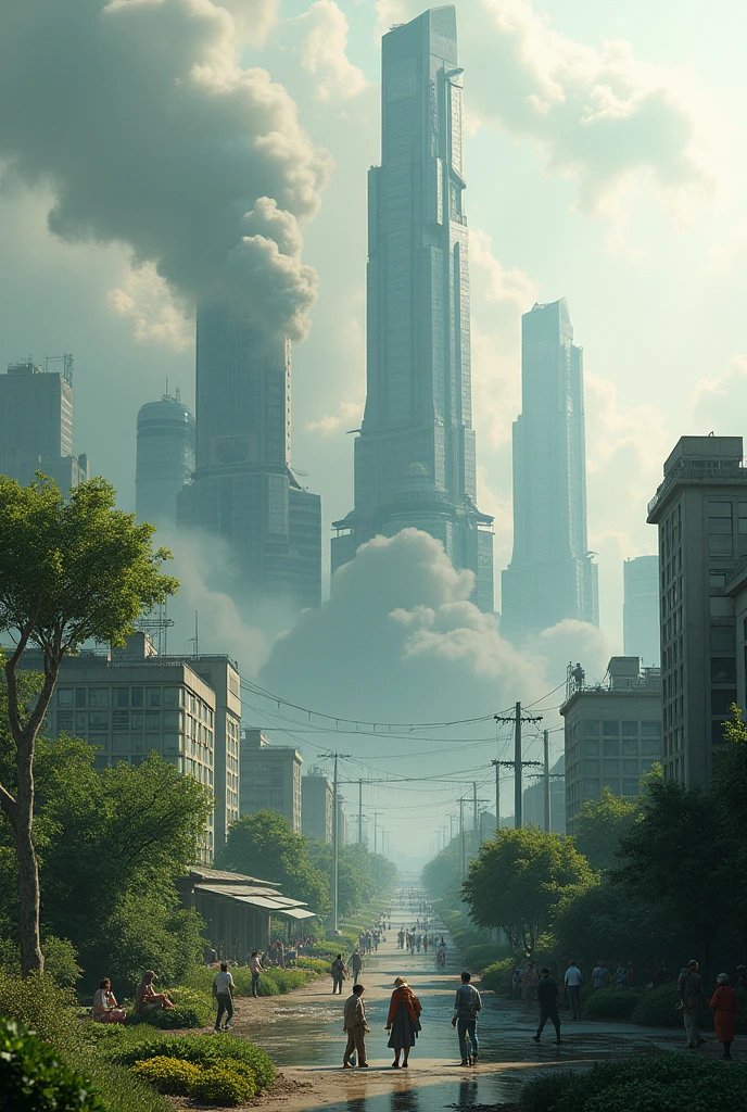 City on planet earth with pollution on top and humans helping to prevent
