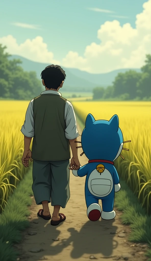 Doraemon and the farmer went home.
The scene is sad. , Rice