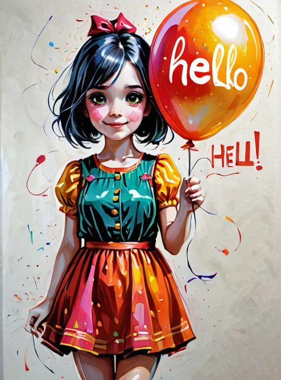 painted girl, holding a ballon, balloon says hello