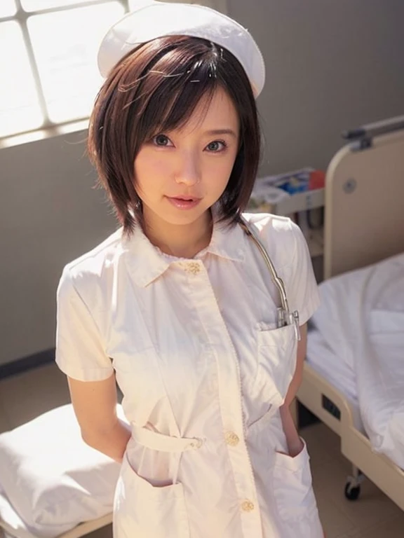 woman, alone, (Wearing white nurse clothes:1.2), (Bobcut), Shortcuts,bangs, Black Hair, nurse, Perfect Anatomy, nurse uniform, (Nurse cap), (White costume), Long skirt, hospital, Face close-up