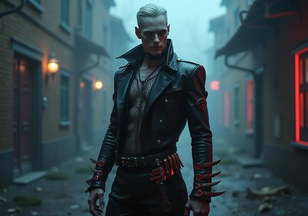 manly vampire guy, vampire fangs, pale skin, glowing blue eyes, Tom Hardy, action pose, horror, obscure, surreal, scary, haunting, vivid, vibrant, saturated