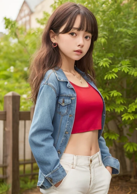 1girl, red crop top, blue jeans, hair covers ears, hands in pockets, 