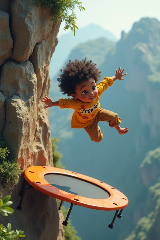Brown skin boy with Freeform’s falling off a cliff onto a trampoline