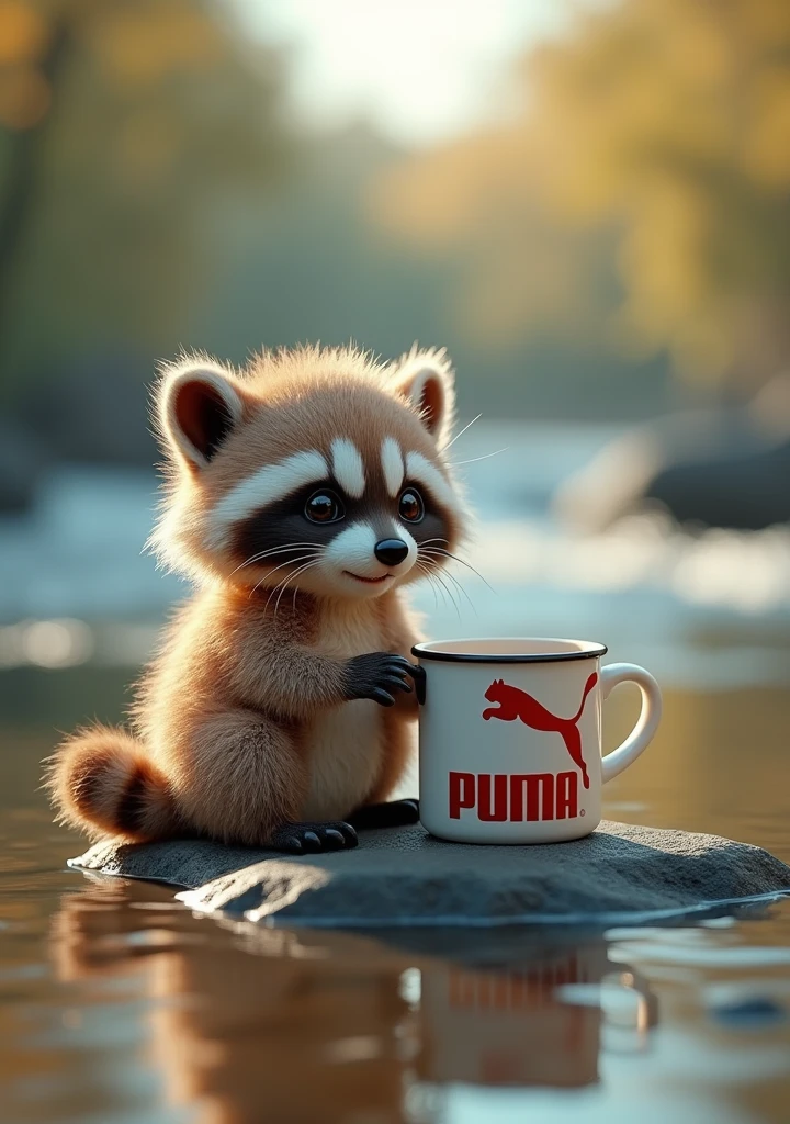 A captivating 3D render image featuring a whimsical and enchanting scene of a fluffy baby raccoon sitting gracefully on a serene riverbank. The raccoon's extra plush coat adds to its adorable appearance, while a Puma logo-adorned mug sits on a flat rock nearby, blending seamlessly with the conceptual art piece. The gentle flow of the river behind the raccoon lends an air of tranquility to the scene. The overall atmosphere of the image is delightful and surreal, invoking a sense of fantasy and wonder that captivates the viewer's imagination., conceptual art, photo, 3d render