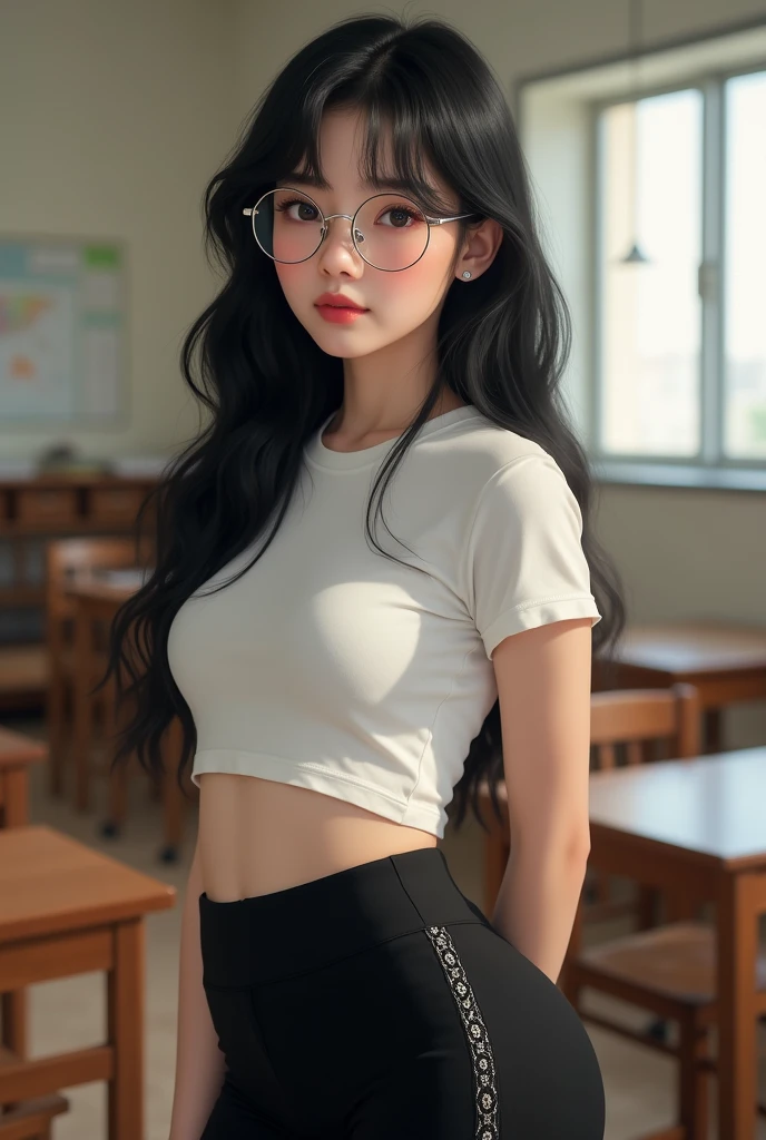 An 18-year-old girl in a classroom looking seductively. She has long black hair and a cute face, rosy cheeks, makeup, light brown eyes. She is quite short 156cm tall, has thick legs, a wide round butt and medium breasts, she wears round silver glasses. White t-shirt and black leggings with white details. Real photo, good lighting, good quality.
