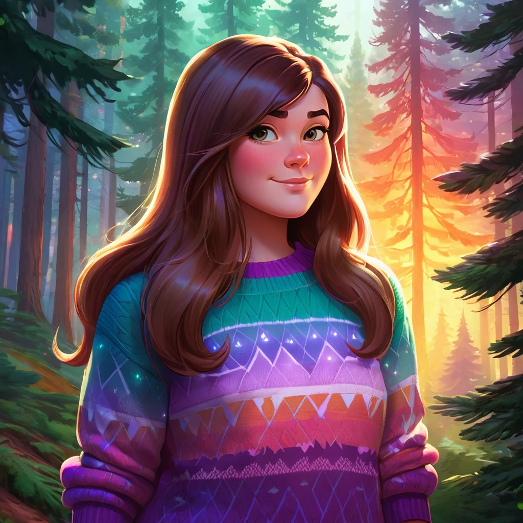Mabel Pines In favorite sweater, from Gravity Falls, captured in an epic photoart in the style of Artgerm and Zabrocki, vibrant colors highlighting her youthful exuberance amidst a backdrop of enigmatic forest scenery, dazzling light filtering through the trees, mysterious ambiance enhanced by subtle fog, digital painting, ultra fine details, octane rendering.
