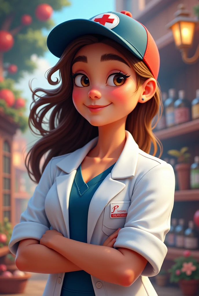 with Disney movie features, brown hair with a pharmacist's lab coat showing off strong muscles, happy and wearing a dark blue and red cap