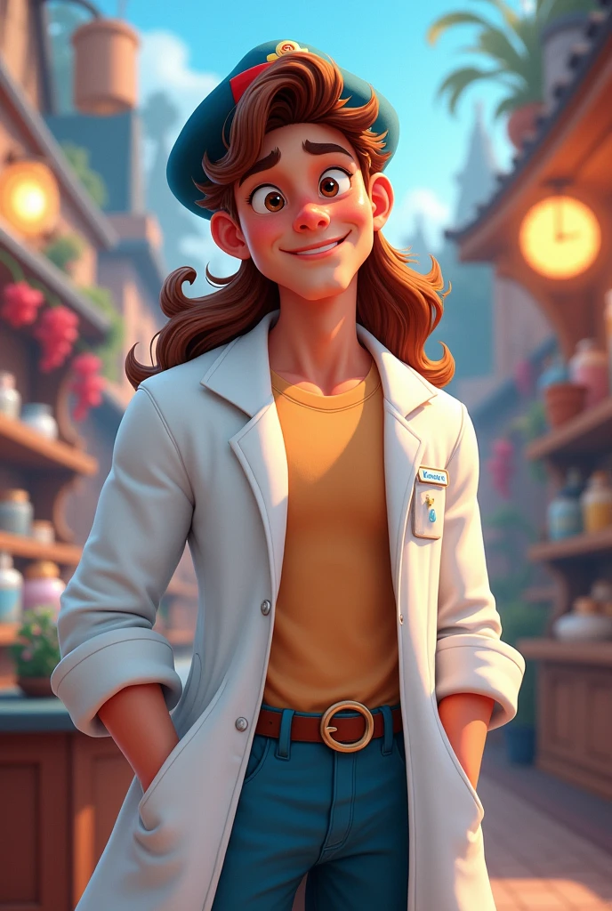 with Disney movie features, brown hair with a pharmacist's lab coat showing off strong muscles, happy and wearing a dark blue and red cap