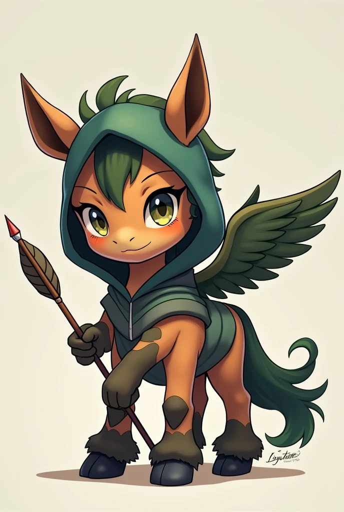 A small Chibi baby humaniod creature.
 Appearance: a centaur , half horse half man. With wings. Big anime eyes, holding a duel arrows in each hand . Wearing a hood
 Style : cel shaded , 3d , anime, Full-body,  t pose.
Colors: brown , forest green and black.
This is a digimon 