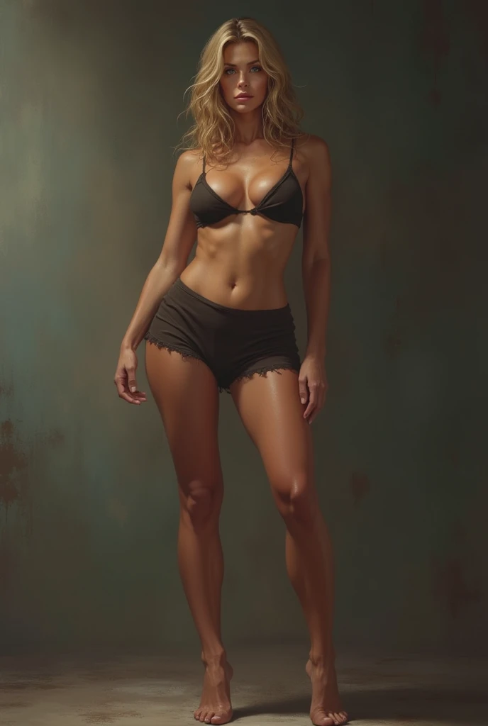 Beautiful mature Caucasian woman standing proud and dominant in a miniskirt, with thick, big thighs, He has a small one, with round breasts and a thin waist