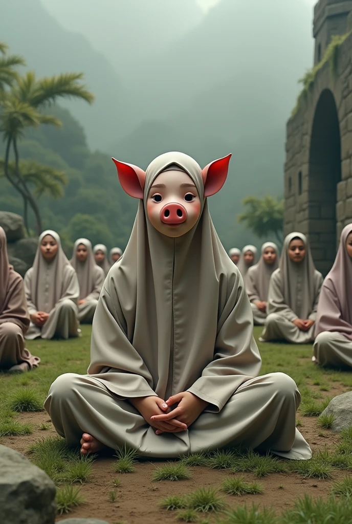 Sent by Copilot:
Certainly! Let’s break down the details of the image you provided:
Central Figure with Muslim girl with pig face
Instead of a head, the figure has an emoji-like icon resembling a pig’s face.
Surrounding Figures:
Around the central figure, there are other Muslim beard people sitting on the ground.
Their poses suggest prayer or meditation.
They wear traditional attire, possibly indicating a cultural or religious gathering.
The third points toward what appears to be a well or water feature on the right side.
Background:
The background depicts an outdoor scene with grassy terrain, rocks, perfect photo