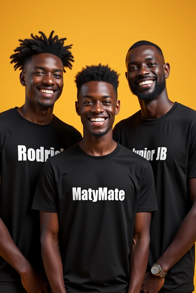 Three black men wearing t-shirt written Rodrick, MatyMaty and Junior JB
