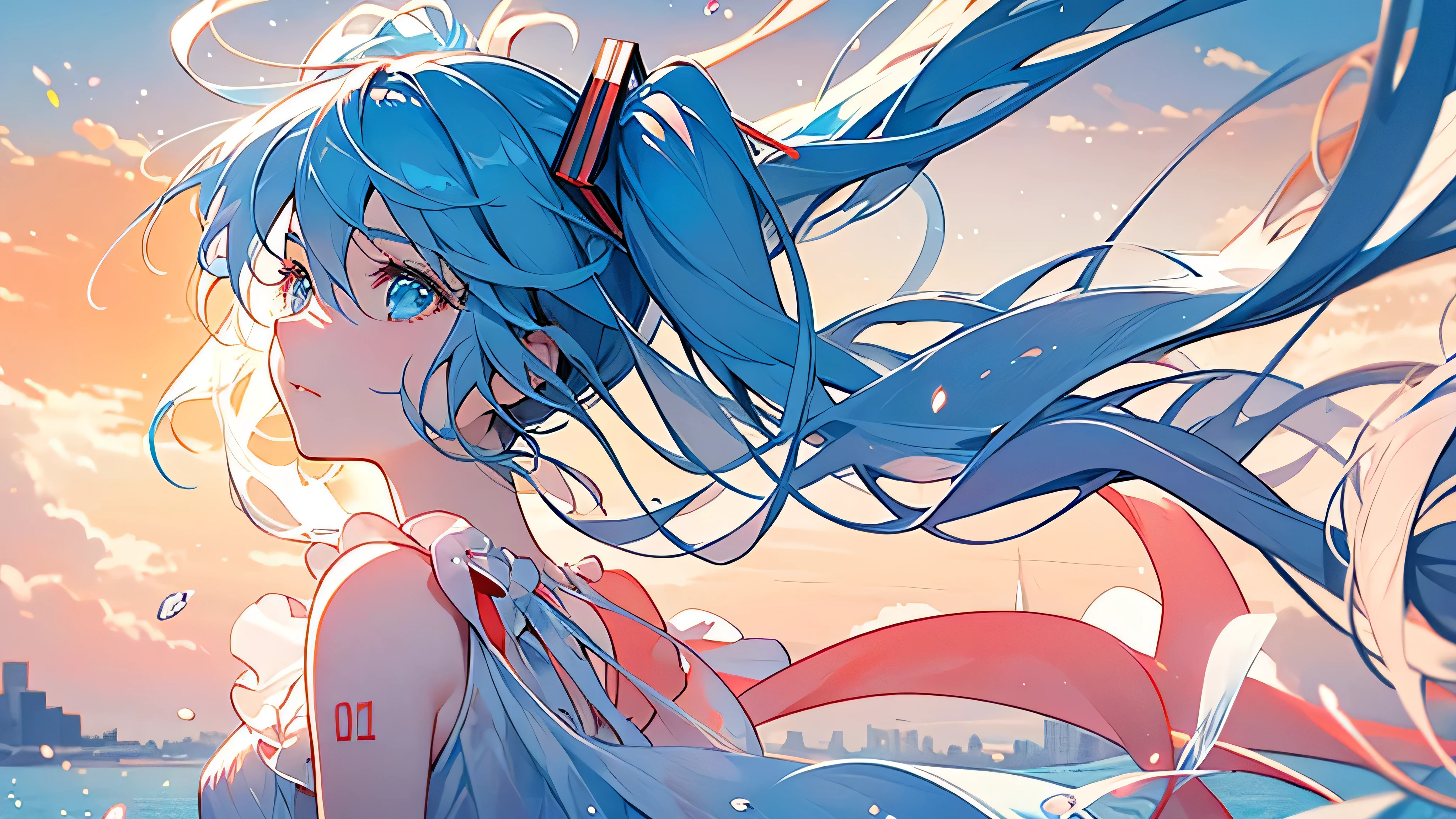 (masterpiece,best quality:1.4), high resolution,super fine illustration, detailed skin, detailed face, detailed eyes,"Describe a serene scene of Hatsune Miku gazing up at the sky at dawn, with soft rays of sunlight filtering through the clouds.The atmosphere is calm and peaceful, with a gentle breeze rustling through the city. Hatsune Miku's hair and dress flow gracefully in the wind, and there is a sense of tranquility and sadness in her expression."
