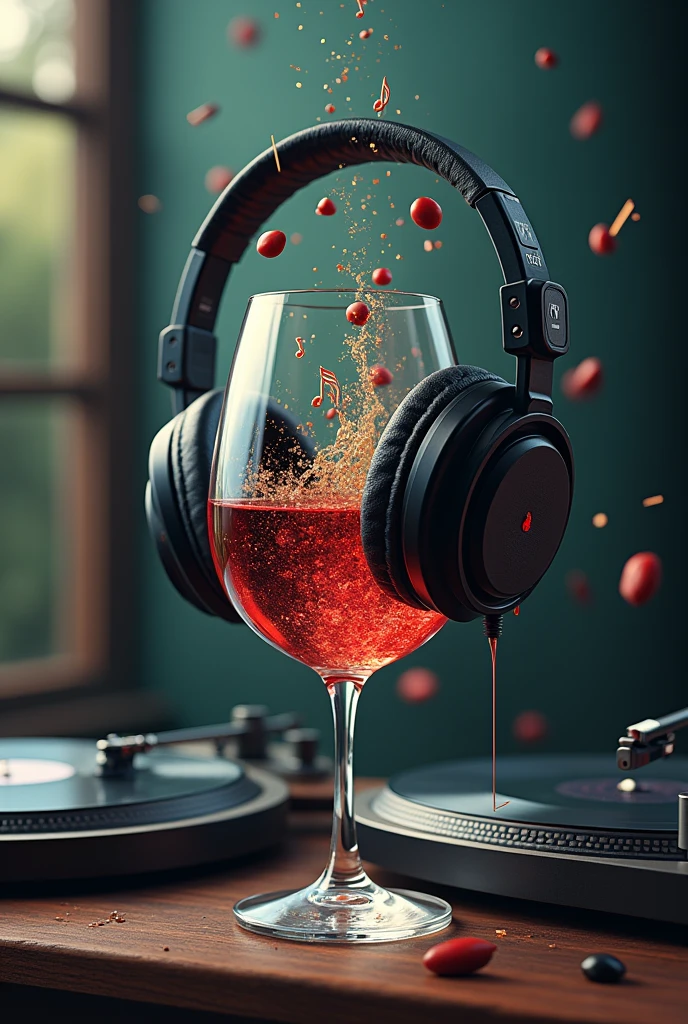 a bottle of wine
a pair of headphones inside a wine glass full of musical notes
A pair of turntables 