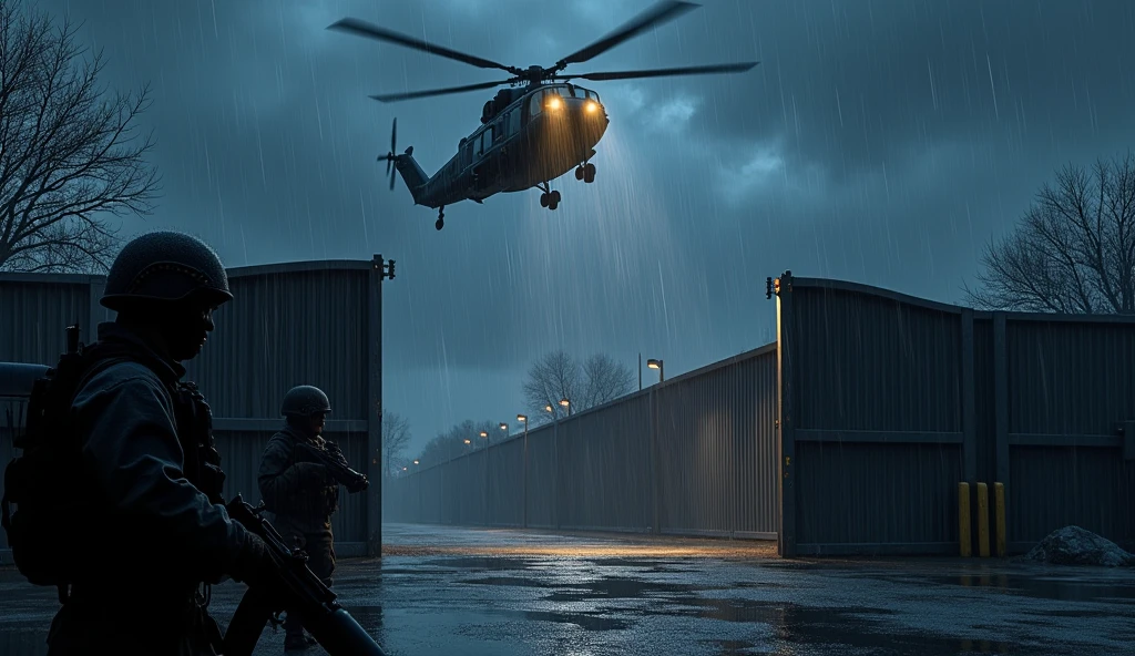 imagine a helicopter passing over a metal wall with a metal gate at night raining with soldiers at the bottom of the wall