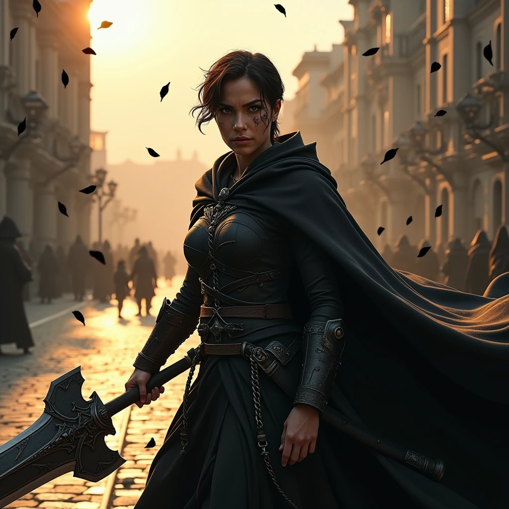 1 warrior women with several scars, expressive black eyes, black short hair, dressed with a black cape, using his massive two hand sword ,fighting pose ,black petals fall from the sky in big medieval city in sunset in background, detail richness, masterpiece, best quality, realistic lighting