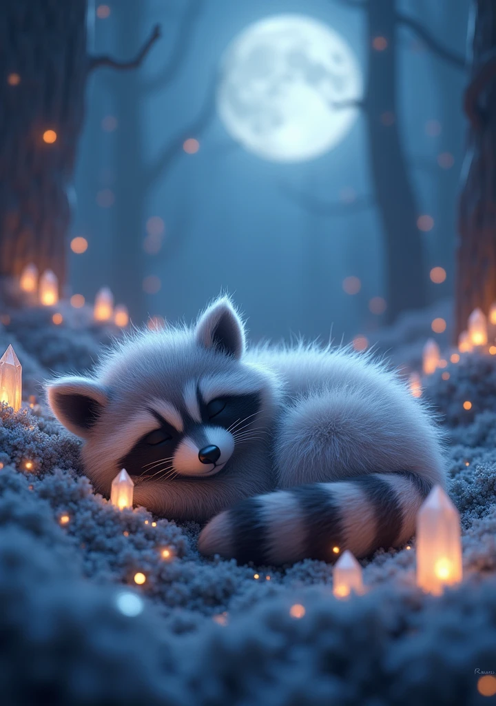 A mesmerizing 3D render of a cuddly, extra-fluffy baby raccoon in a moonlit crystalline forest. The raccoon is adorably sleeping with its eyes closed, and its fur appears to be infused with a gentle, ethereal glow. The surrounding environment is filled with sparkling crystals and lunar light, creating a magical and dreamlike atmosphere. The conceptual art piece captures the essence of innocence and enchantment in this captivating scene., conceptual art, photo, 3d render