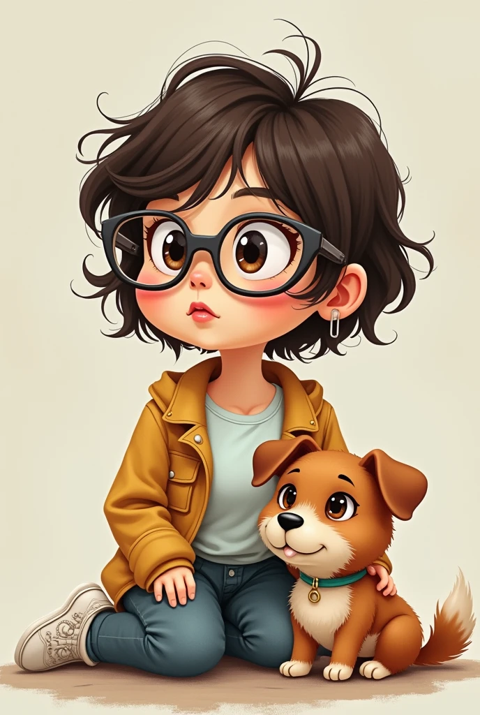 a chubby girl, who has short hair and listens. Wears glasses and is white and works as a Graphic Designer and has her caramel dog