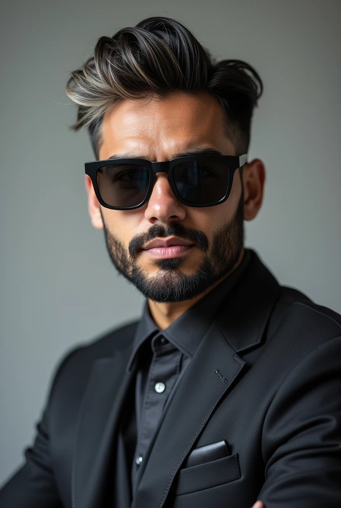 A New Age Man, com barba preta, gradient hair, sunglasses and suit photo for Instagram profile