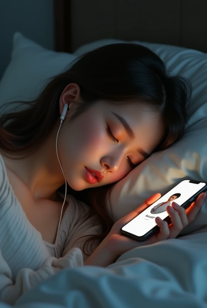 Beautiful girl sleeping while calling her boyfriend in mobile with earphones ( show the mobile calling boyfriend)