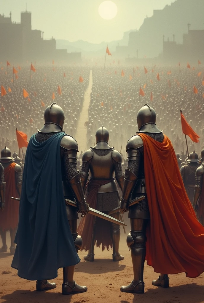 Three knights in blue, brown and orange armor facing a thousand enemy warriors 