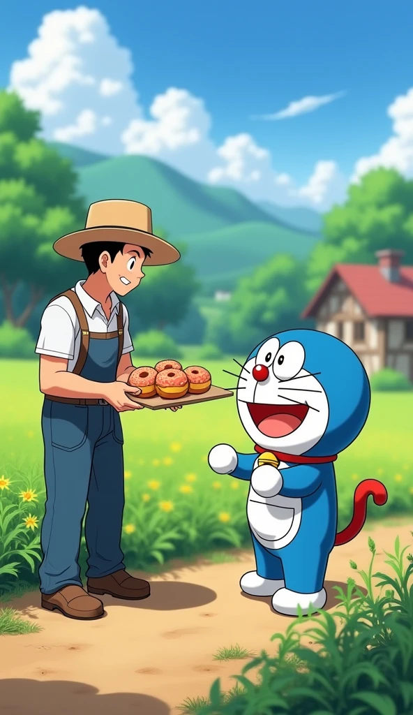 Doraemon was given donuts by the farmer