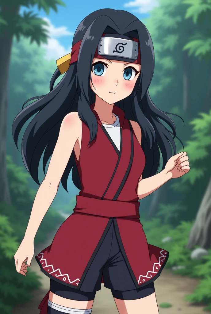 Screenshot, naruto anime style, a girl woman, pale white skin, medium height, blue eyes, black hair, long, loose, no bangs, cute Amazonian ninja outfit, red short dress and black shorts, with ninja band, In a forest
