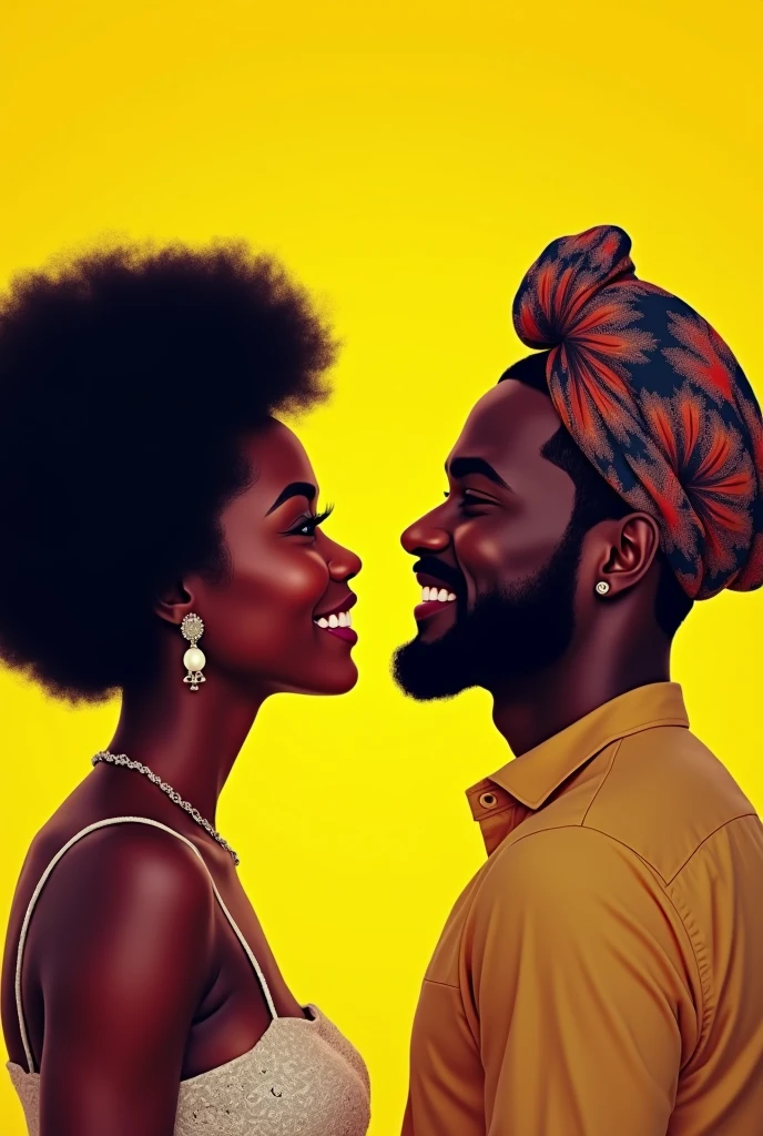 Beautiful Afro Colombian woman and man with palenquero turban smiling in profile looking up in vector style with yellow background