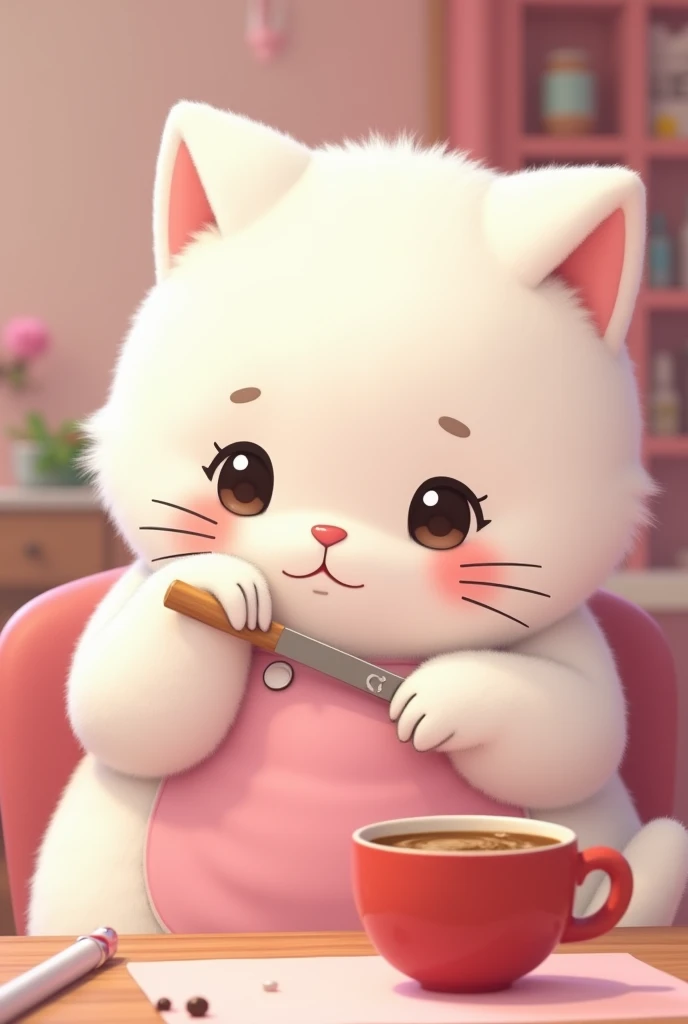 a close-up of a white anime mochi cat wearing a pink apron holding a nail file, doing nails, A pink nail studio, a red coffee cup on the desk